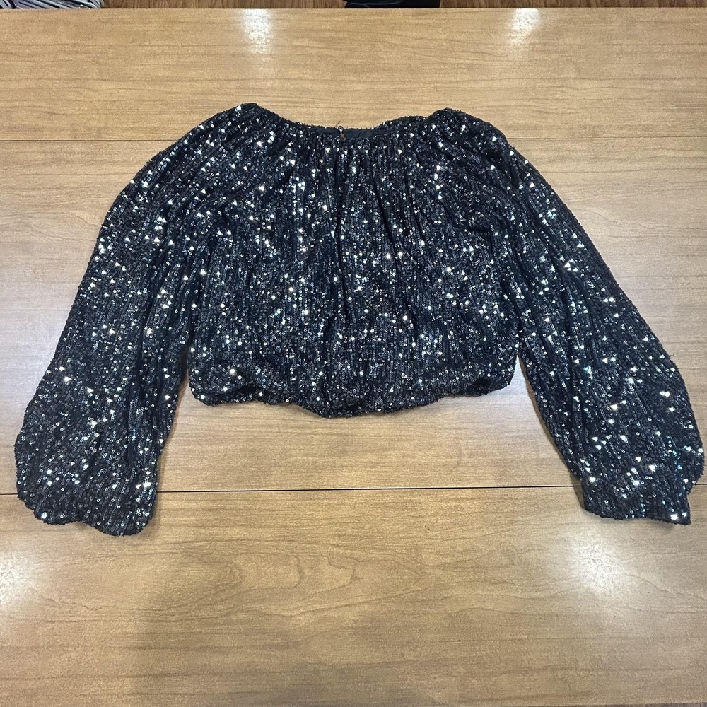 Endless‎ Rose Blouse Womens M Black Sequin Off Shoulder Cropped Top Long Sleeve